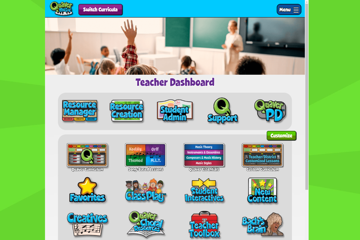 Screenshot from Quaver Music showing the new Customizable Teacher Dashboard