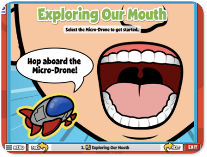 A screenshot of a cartoon mouth from an oral health lesson within Quaver Health PE. The text on the image says "Exploring Our Mouth."