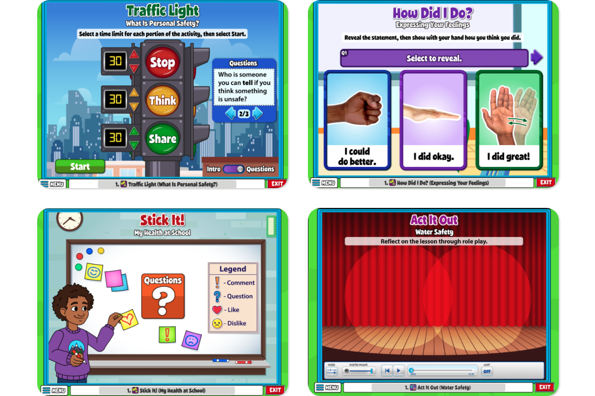 Exit-Tickets_QuaverHealthPE_Coming-Soon – QuaverEd Screenshots of the exit tickets coming to Quaver Health PE. They include Stick It, Traffic Light, How Did I Do?, and Act It Out.