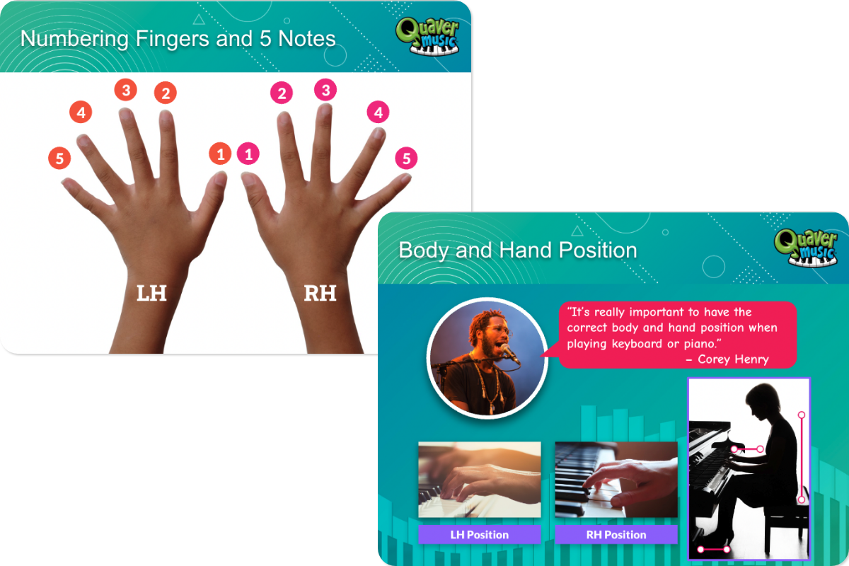 Screenshots from Quaver Music showing the new keyword lessons