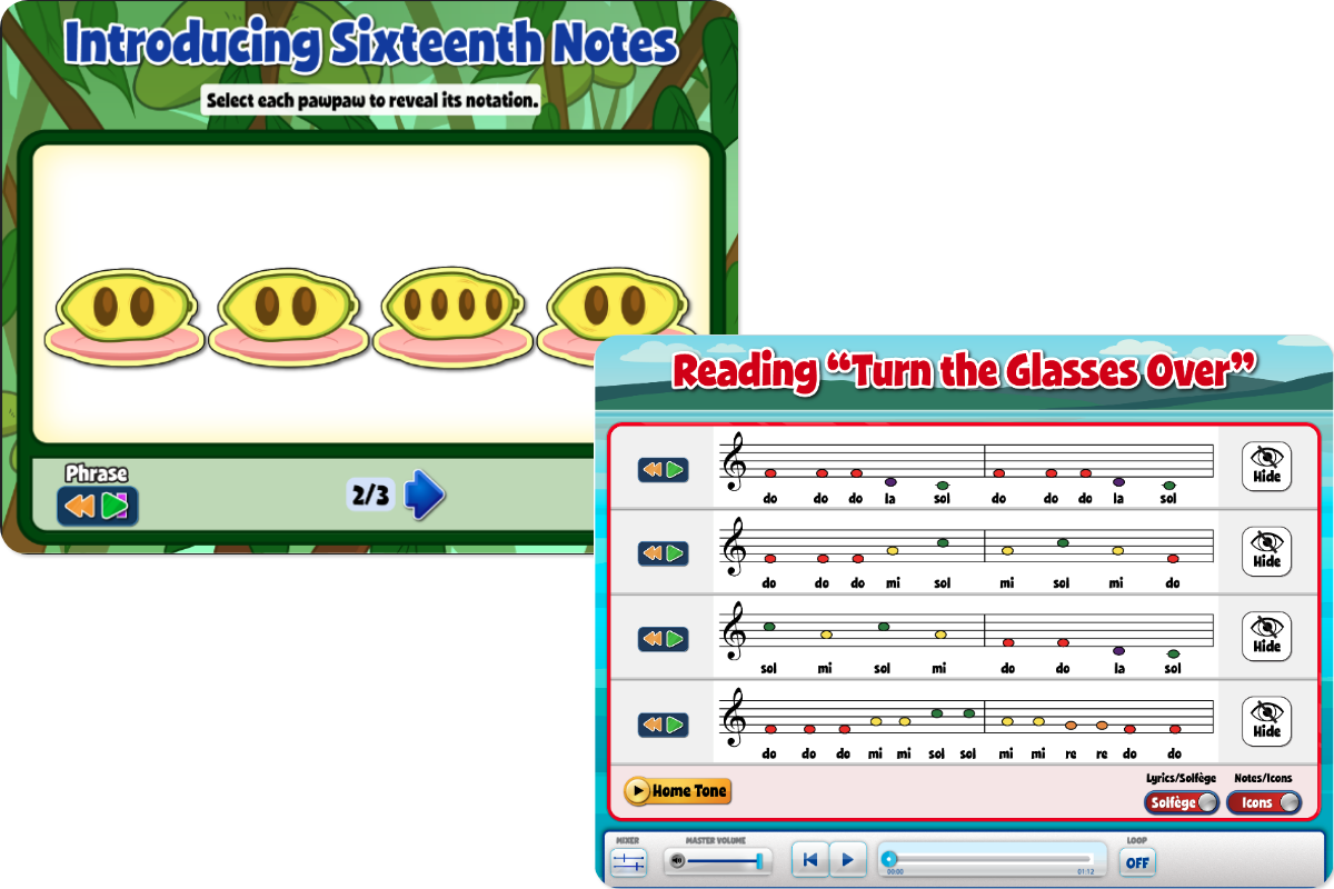 Screenshots from Quaver Music showing new song-based kodaly lessons
