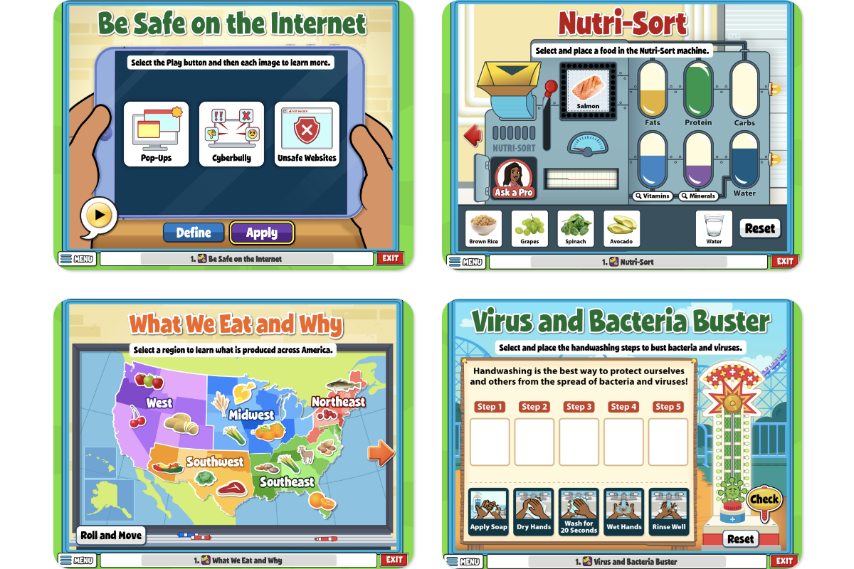 New-Health-Lessons_QuaverHealthPE_Coming-Soon – QuaverEd Screens from the new health lessons in Quaver Health PE. They include Be Safe on the Internet, Nutri-sort, Virus and Bacteria Buster, and What We Eat and Why.