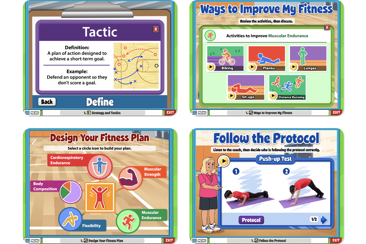 New-PE-Lessons_QuaverHealthPE_Coming-Soon – QuaverEd Screens from the new PE lessons in Quaver Health PE. They include Be basketball tactics, Ways to Improve Fitness, Follow the Protocol, and Design Your Fitness Plan.