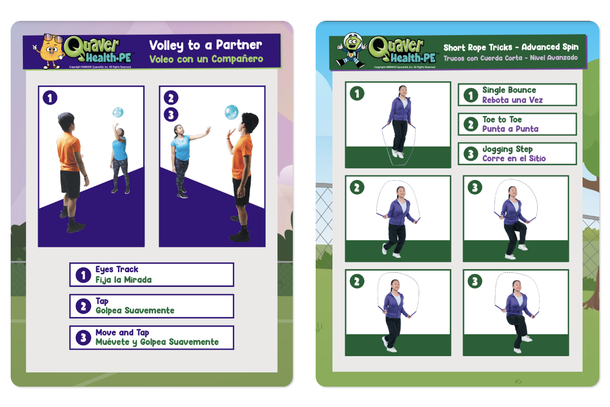 Volleyball and Jumprope posters for Quaver Health PE showing proper technique 