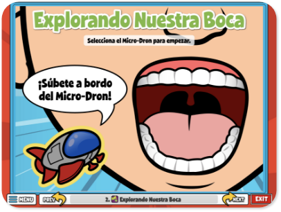 A screenshot of a cartoon mouth from an oral health lesson within Quaver Health PE. The text is shown in Spanish and says "Explorando Nuestra Boca."