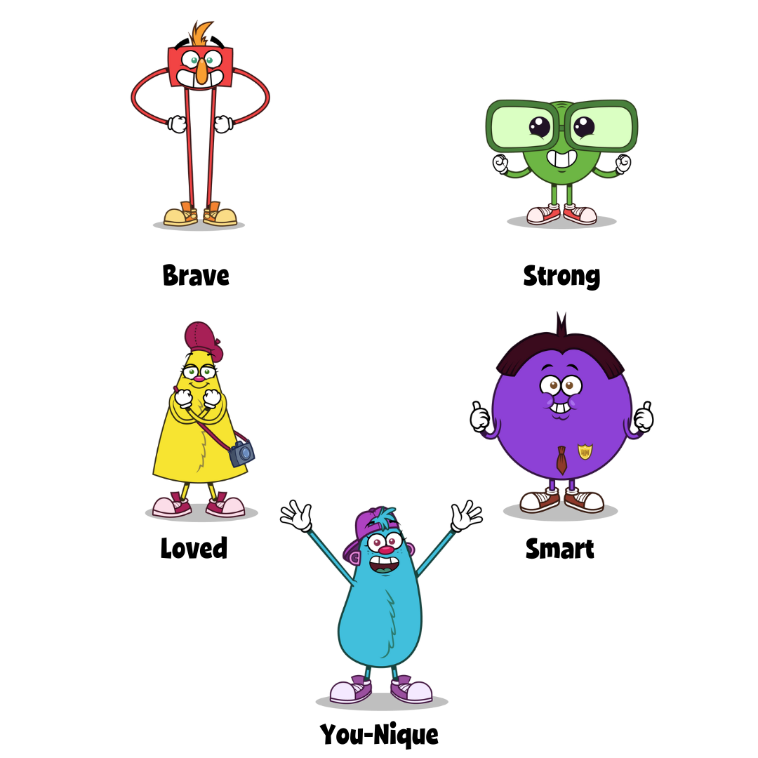 For brave, put your hands on your hips.
For strong, flex your arm muscles.
For loved, wrap your arms around your body.
For smart, give the two thumbs up.
For You-Nique, raise your hands high into the sky. 