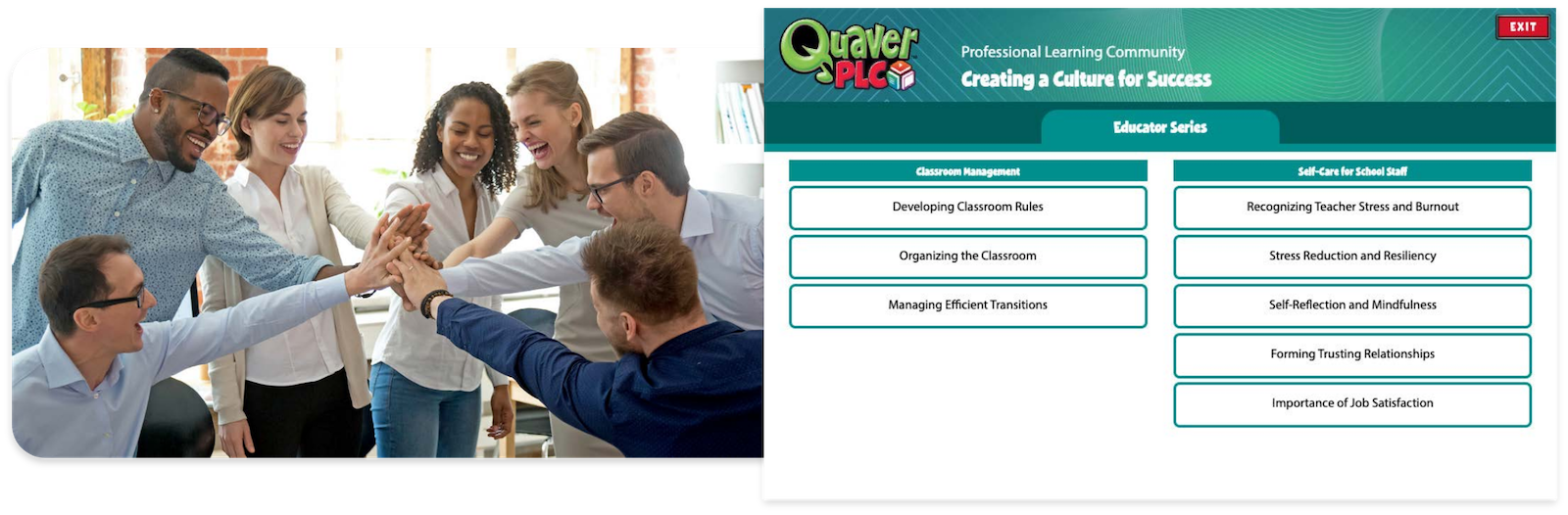 Creating-a-Culture-for-Success-vides – QuaverEd A group of team members joining hands in a circle alongside the Creating a Culture for Success Video Series overview.