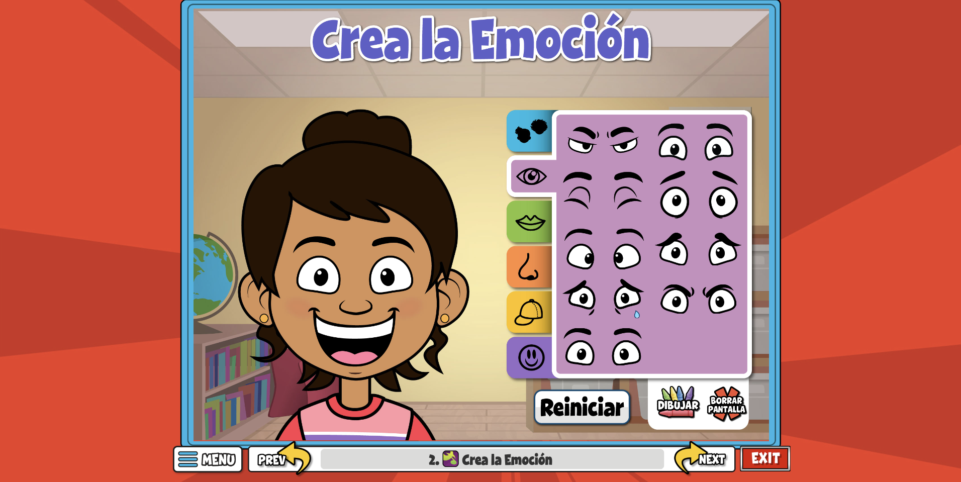 screen from crea la emocion showing an interactive where you can create characters with different emotional expressions.