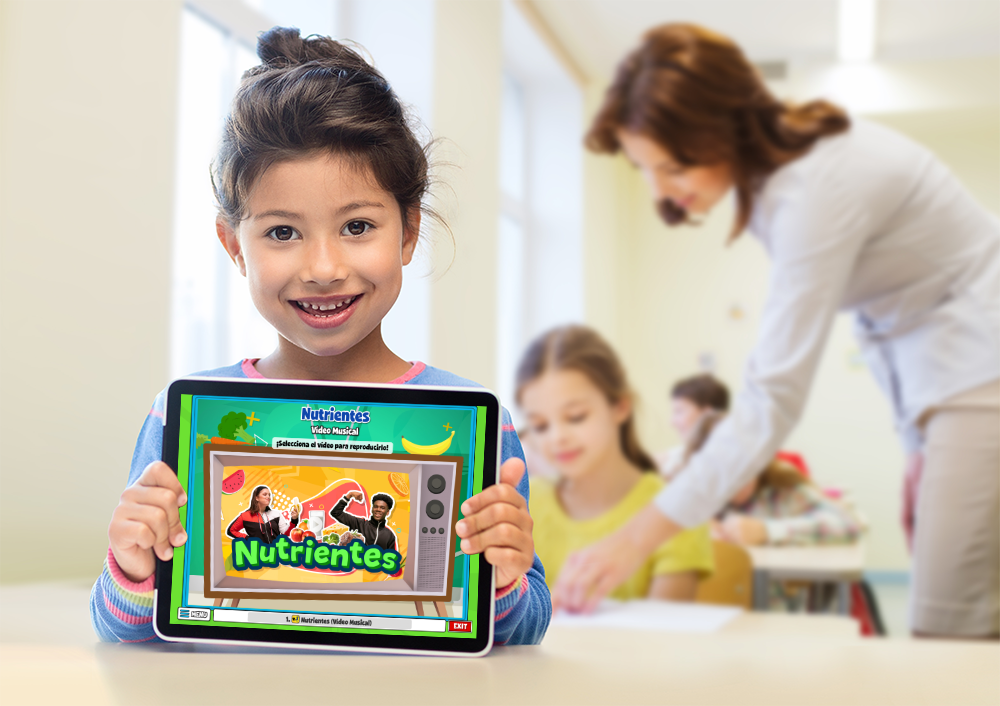 Student smiling behind a tablet showing Spanish resources within Quaver Health PE