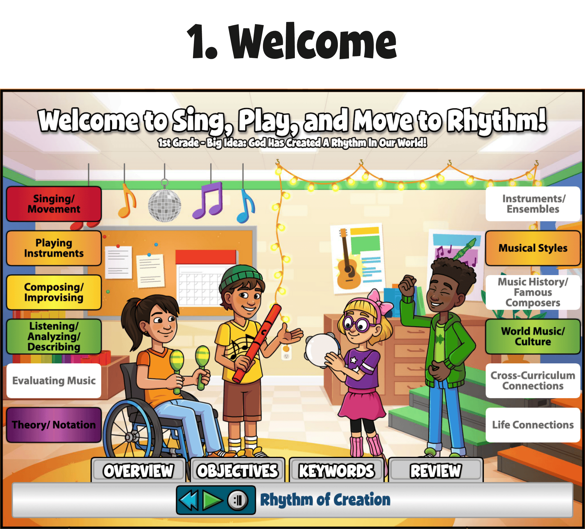 Welcome students and set objectives with music and age-appropriate characters