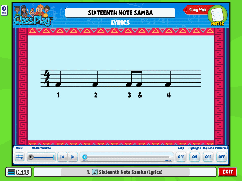 Sixteenth Note Samba lesson screen