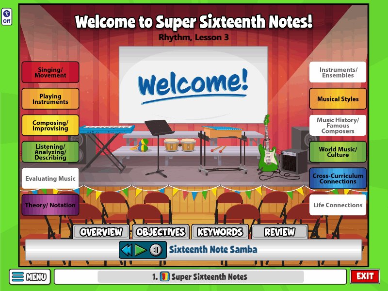 Super Sixteenth Notes welcome screen