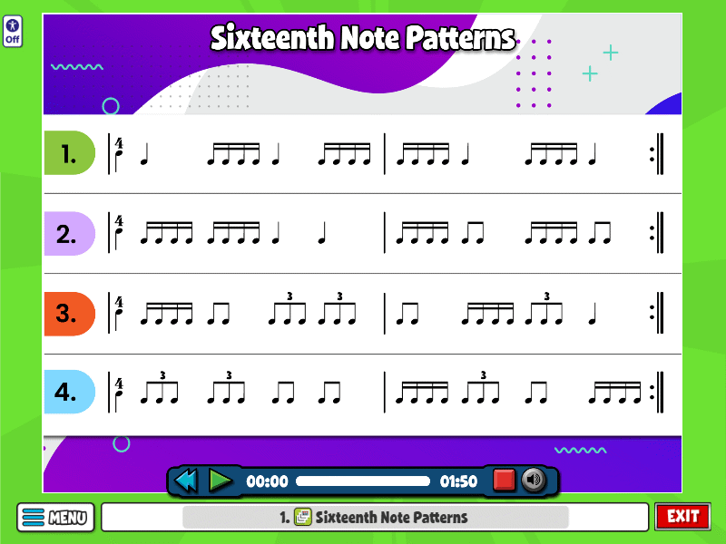 Sixteenth Note Patterns lesson screen