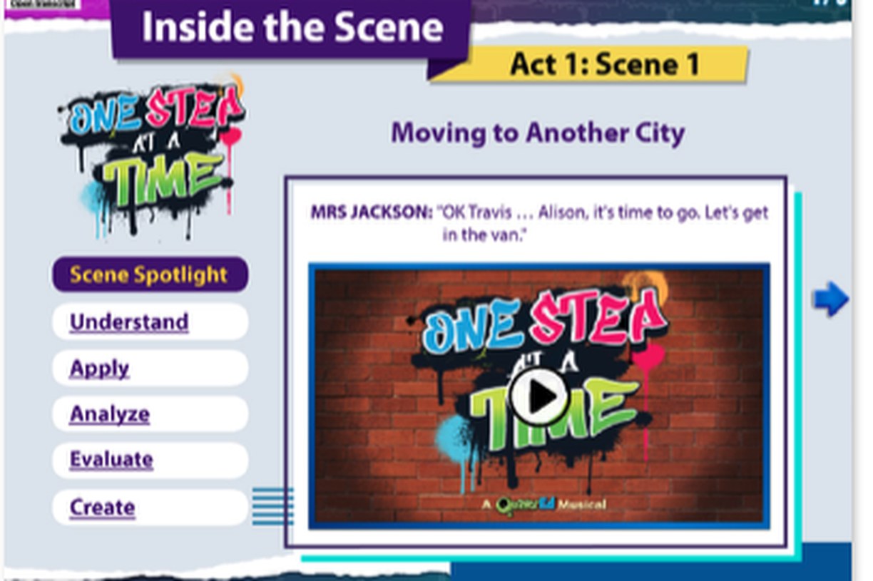 Inside the Scene lesson screen for Act 1, Scene 1, with Understand, Apply, Analyze, Evaluate, and Create activity tabs beside a scene video